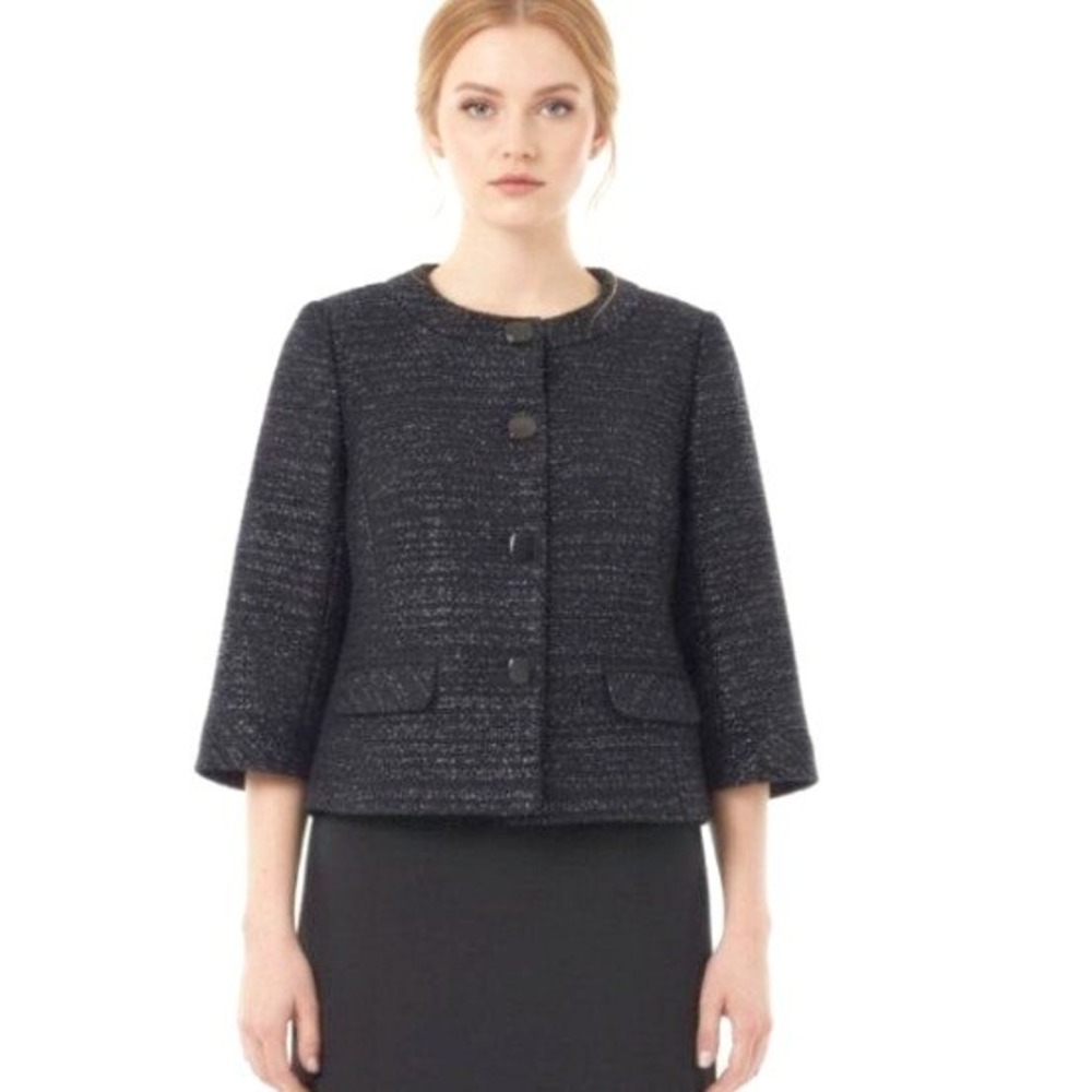 Trina Turk Black Silver Metallic Tweed Cropped Jacket 3/4 Sleeve Button Blazer